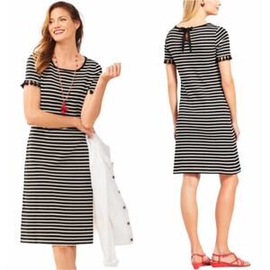 Talbots Striped Tassel Pom Pom Dress Black White Size XS